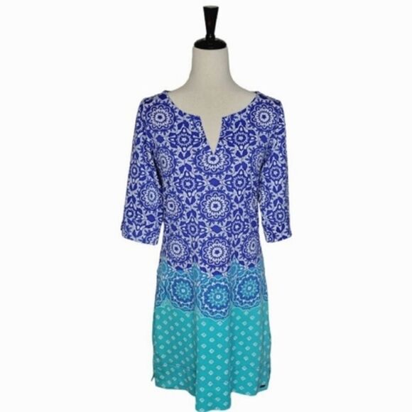 Hatley Clearwater Mandella Blue Patterned Split Neck 3/4 Sleeve Dress Size M - Picture 1 of 8